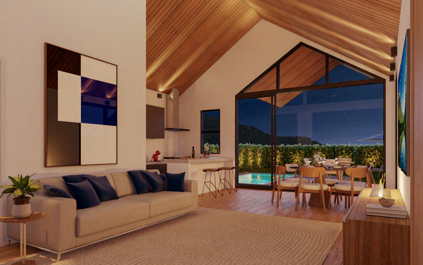 Living integrado com pé-direito alto e vista para a piscina