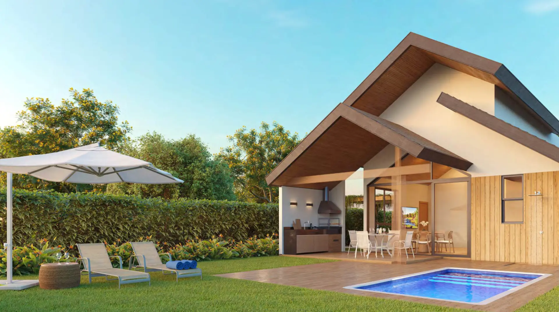 Área externa com piscina, deck e gourmet coberto